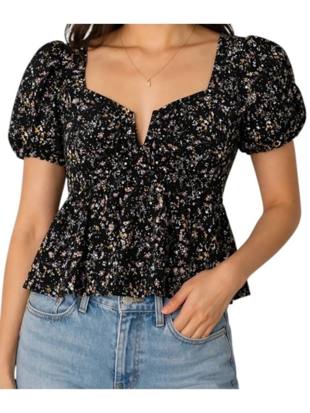 Lush Women’s  Notch Front Empire Top, Black Ditsy